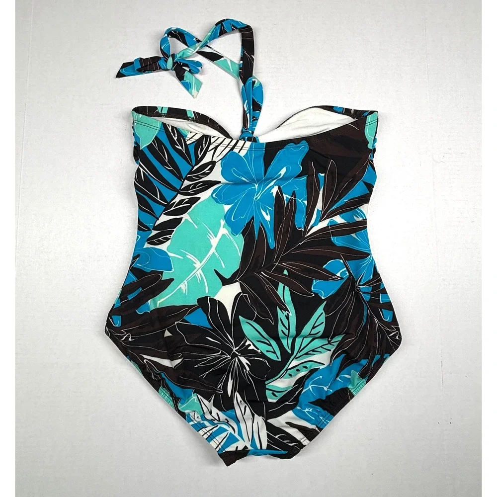 Magicsuit Women 10‎ Blue Turquoise Tropical Floral Halter One Piece Swimsuit EUC